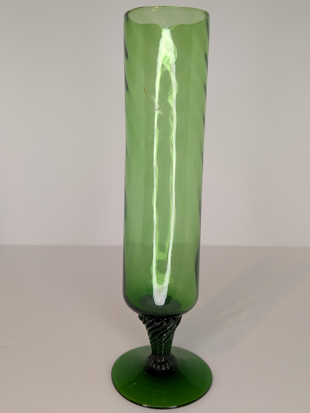 Vintage Green Glass Bud Vase Cylindrical 8 Inches Tall 1.75 Inches Round